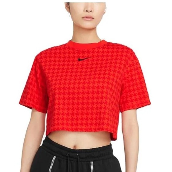 Nike Womens Icon Clash Crop Top Size M Chile Red Houndstooth Oversized Tee NWT - Picture 1 of 15